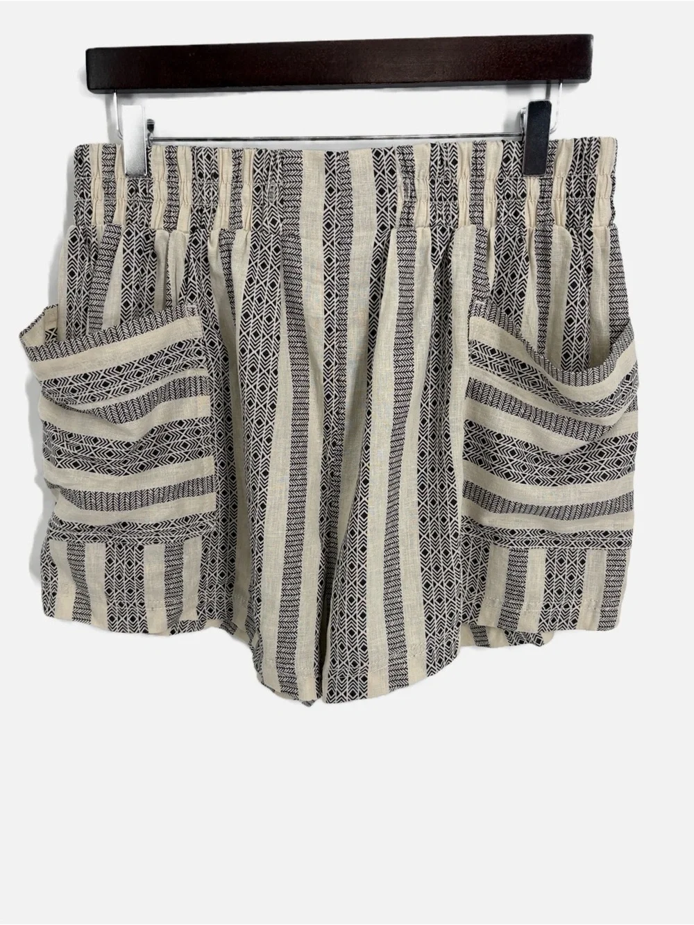 Free People Linen Blend Tribal Stripe Pull On Shorts Black Ivory Size Large
